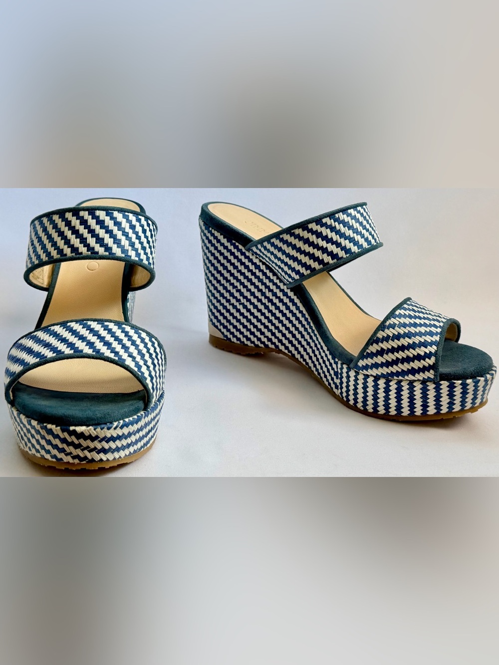 Jimmy Choo Parker Blue White Woven Raffia Platform Wedge Sandals Size 38